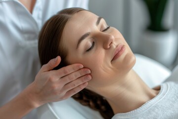 Obraz na płótnie Canvas Donna rilassata mentre riceve un massaggio terapeutico professionale sul collo e sulle spalle