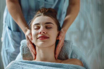 Ragazza rilassata mentre riceve un massaggio terapeutico professionale sul collo e sulle spalle