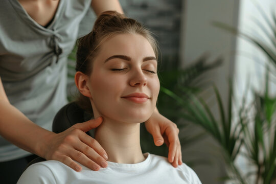 Ragazza rilassata mentre riceve un massaggio terapeutico professionale sul collo e sulle spalle