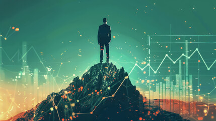 Uomo d'affari visionario in piedi sulla cima di una montagna, con grafici finanziari. Che simboleggia il successo degli investimenti. - obrazy, fototapety, plakaty