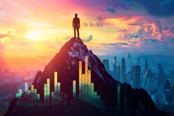 Uomo d'affari visionario in piedi sulla cima di una montagna, con grafici finanziari. Che simboleggia il successo degli investimenti. - obrazy, fototapety, plakaty