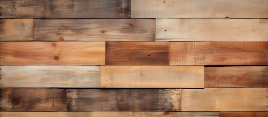 Naklejka premium A closeup of a brown hardwood wall made of rectangular wooden planks. The wood stain highlights the natural pattern of the flooring material