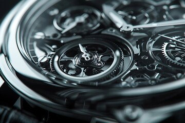 : A detailed shot of a mechanical watch, with contrasting gears and cogs against a sleek, polished surface,
