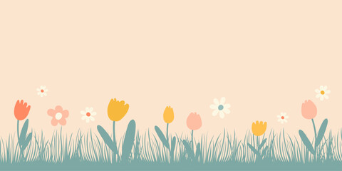 Spring background with place for text. Vector illustration with grass and flowers.