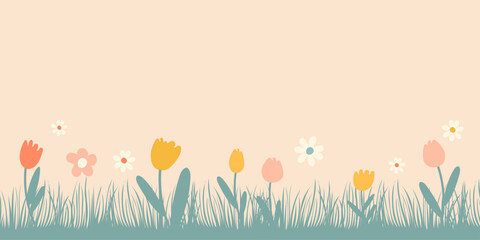 Fototapeta premium Spring background with place for text. Vector illustration with grass and flowers.