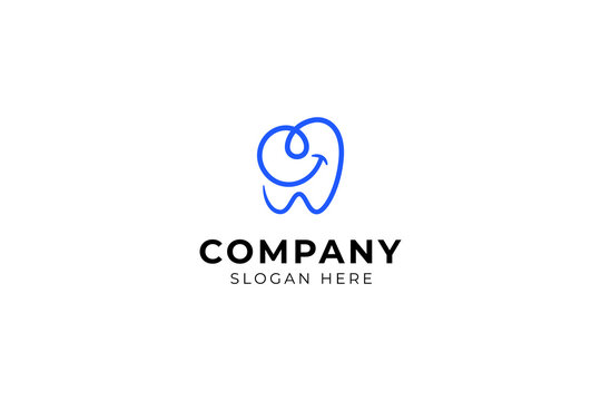 Dental logo design vector template with smile in simple linear outline design style