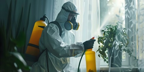 Pest control worker in respirator spraying pesticides under windowsill at home. Concept Pest Control, Pesticides, Home Maintenance, Safety Gear, Insect Infestation