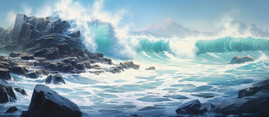 A powerful painting capturing a massive wave colliding with jagged rocks on the shore, with swirling waters and cloudy skies creating a dramatic natural landscape - obrazy, fototapety, plakaty