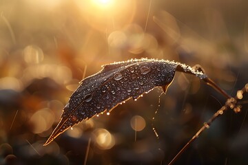 : A dew-covered leaf in the early morning with a soft, warm sunbeam reflection - Powered by Adobe