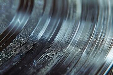 : A detailed shot of a vinyl record, with contrasting textures of smooth grooves and rough,...