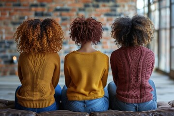 Shot from the back, three women sit closely side by side in a sign of unity and friendship against a brick wall backdrop