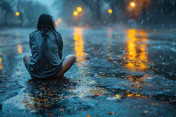 Obraz premium A dramatic scene capturing a solitary woman sitting in the rain, reflecting city lights evoking a sense of melancholy