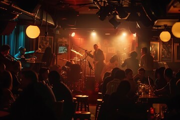 : A dimly lit jazz club with smoky-colored reflections of music, laughter, and socializing
