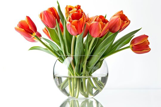 Red orange freshly cut tulips in a clear glass on white background
