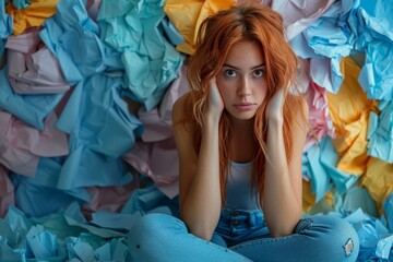Portrait of a young red-haired woman feeling overwhelmed, surrounded by colorful crumpled paper - obrazy, fototapety, plakaty