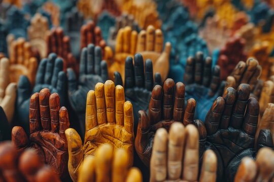An array of raised wooden hands painted in different colors, symbolizing unity in diversity and solidarity