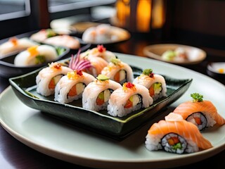 高級レストランと白いトレイ 寿司はレストランでボウルに美味しいです。日本食のコンセプト。





