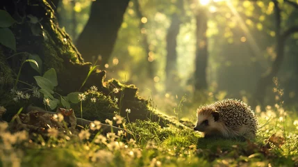 Foto op Plexiglas Hedgehog adventure in the forest, dappled sunlight, mid-angle view © Noppakun