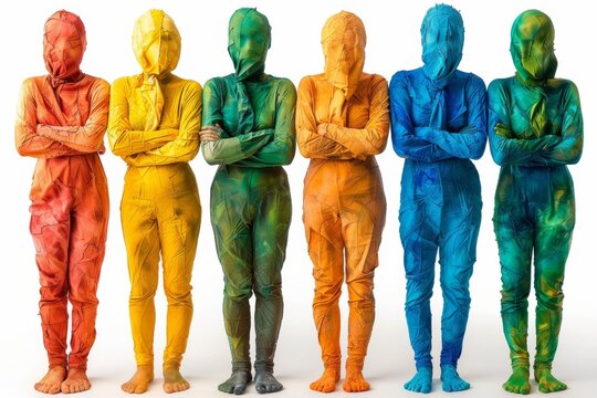 Vibrant colored full body installations with crossed arms in a plain white background, denoting a contemplative mood