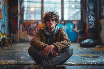 A contemplative young man with curly hair sits on the floor in a room full of colorful graffiti
