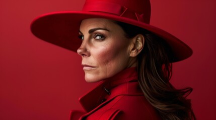 woman, red hat, red trench coat