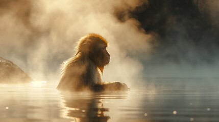 Macaque in hot spring, side view, steam rising, tranquil mood, warm tones