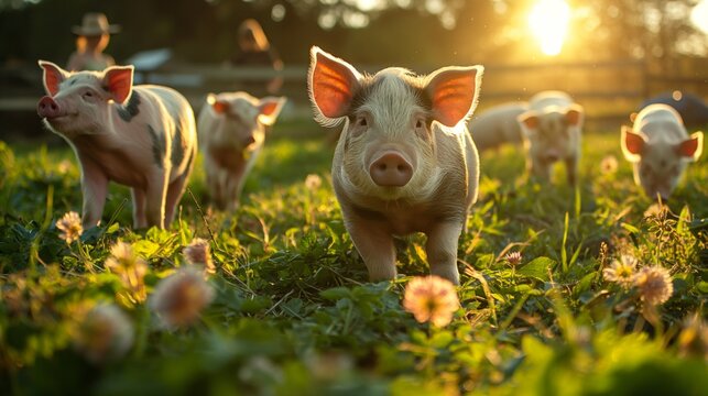 Kunekune pigs grazing, lush pasture, wide shot, peaceful, idyllic country life