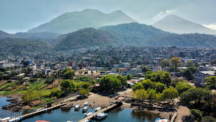 Aerial views of towns around Lake Atitlan.