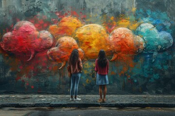 Two people admire a striking mural with vibrant, paint-dripping clouds against a textured wall,...