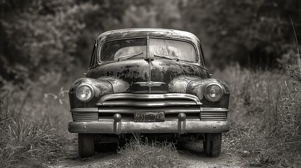 Old family sedan, black and white photo, frontal, emotional, time-worn - obrazy, fototapety, plakaty