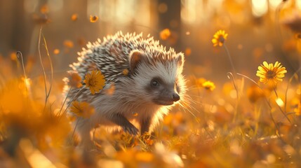 Playful hedgehog, blurred background, dynamic pose, afternoon light - obrazy, fototapety, plakaty