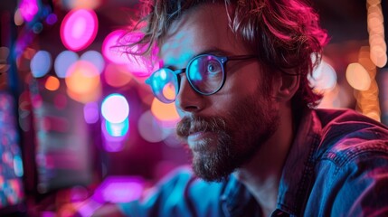 man working as a software developer, neon lighting, pink purple light