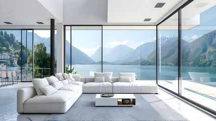 
Cozy white sofa in spacious room with terrace. Luxury home interior design of modern living room in lakeside house, panoramic open windows with stunning sea bay or lake and mountains view - obrazy, fototapety, plakaty