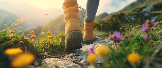 Close up of a female hiker's shoes walking on a mountain path with flowers