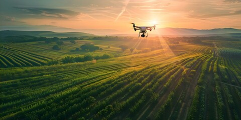 Agriculture drone spraying fertilizer and pesticide over farmland showcasing hightech innovation in smart farming. Concept Smart Agriculture, Drone Technology, Precision Farming