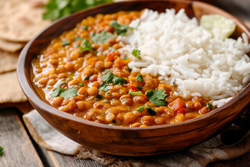 Fototapeta na wymiar Lentil Curry - A vegetarian dish of lentils with curry spices, served with basmati rice