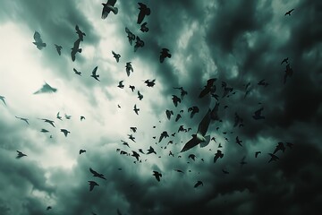 : A flock of birds in flight against a stormy sky with contrast between light and dark areas