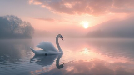 Fototapeta premium Swan lake at sunrise, wide shot, pastel hues, misty, serene atmosphere