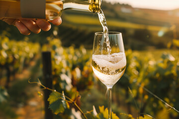 hand pouring white wine into a glass, vineyard in the background, professional ad - obrazy, fototapety, plakaty
