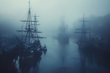 : A foggy harbor, with ships that have just set sail and others that are about to arrive