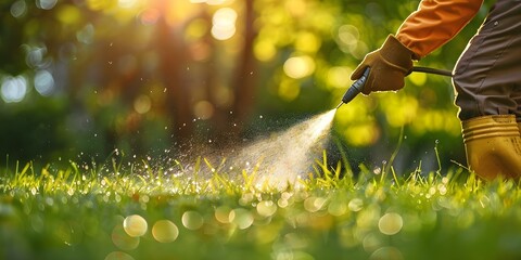 Worker spraying pesticide on a green lawn outdoors for pest control: A close-up view. Concept Pesticide Application, Pest Control, Green Lawn, Close-up Shot, Outdoors - obrazy, fototapety, plakaty