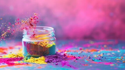 Colorful powder bursting from a jar creating a vibrant display on a surface during a festive celebration or cultural event