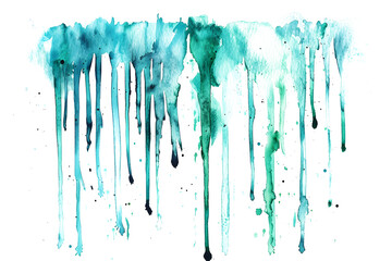 Turquoise and teal dripping watercolor paint stain on white background.