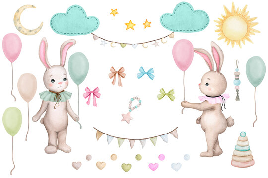 Set of cute baby bunnies and children's toys. Children's watercolor illustration. Birthday, baby shower, children's party. Design elements for cards, posters, banners, logo, invitations, packaging..