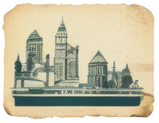 Retro Postage Stamps of Famous monuments and icons of culture PNG elements Vintage illustration