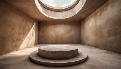Geometric room with round podium for product presentation. Brown-beige concrete walls. Futuristic architecture
