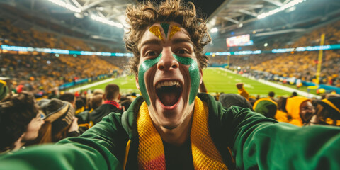 A selfie of an excited fan with face painted in the colors, - obrazy, fototapety, plakaty