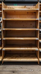 Empty wooden shelves in a store, showcasing minimal stock and emphasizing the need for inventory restocking during the busy retail season