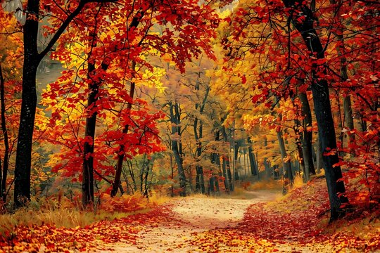 : A forest in the fall, with contrasting colors of orange, red and yellow leaves,