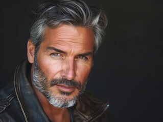 Fototapeta premium handsome european man in his 30s, tan, full lips, salt and pepper hair, gray, beard, studio lighting, detailed skin